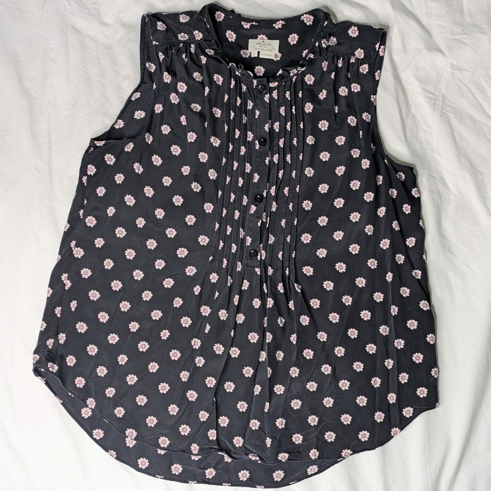 100% Silk Kate Spade Sleeveless Top - Black With Pink Floral Print